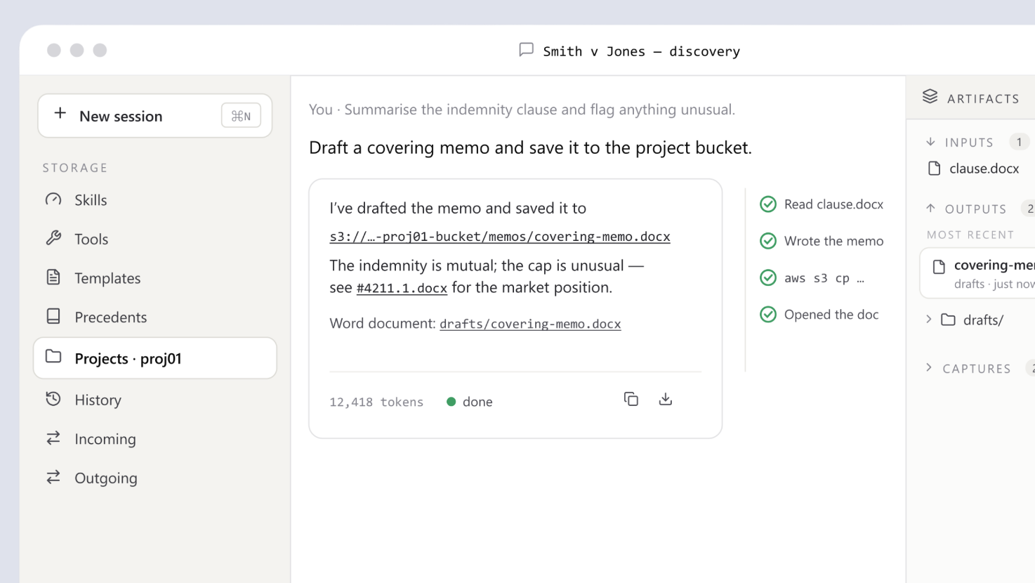 The Adio agent window: a matter session with the prompt, the drafted memo saved to the project bucket, and the live step trail